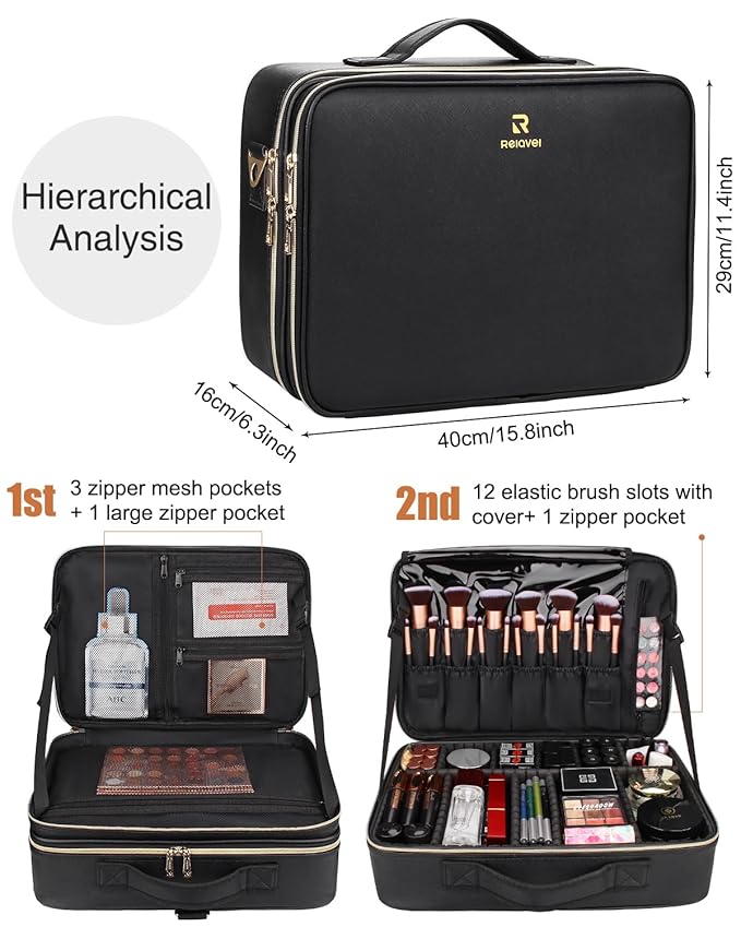 MONSTINA Large Makeup Travel Case Bag,Professional Makeup Artist Train Case with Brush organizer,Large Capacity Cosmetic Bag with Zipper Pocket and Adjustable Compartment（PU Leather Black）
