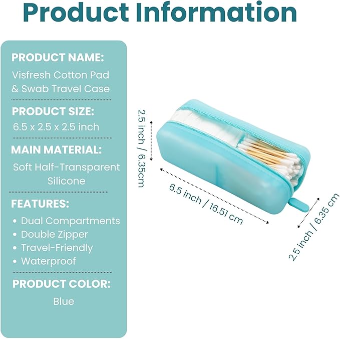 Cotton Pad Swab Travel Case – 2-in-1 Portable Waterproof Qtips Dispenser for Cotton Square Pad & Qtip, Floss, Bobbi Pin, Nail Kit, Hair Accessories Organizer TSA Compliance (Blue)