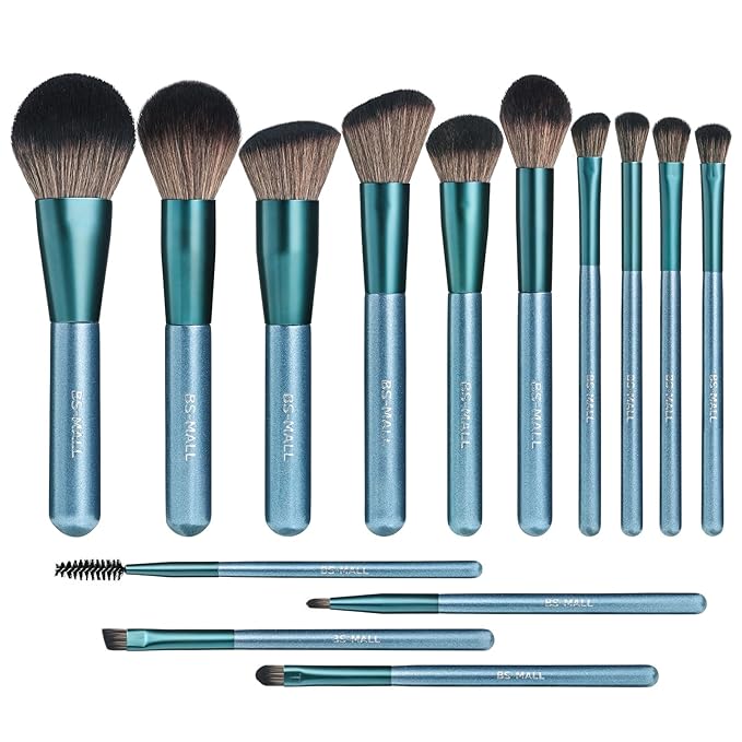 BS-MALL 14 Pcs Makeup Brushes Set with 1 Pcs Makeup Sponge – Essential Foundation Powder Concealers, Eye Shadows, Blush Makeup Brushes with Travel Makeup Case (Z-Blue)