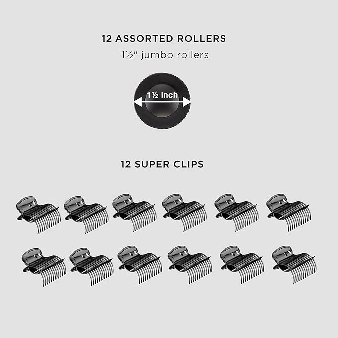 Conair Hot Rollers for Long,Medium & Short Hair,12 Jumbo 1 ½" Heated Hair Rollers with Clips,Hot Curlers for Women,Volume & Curls,Amazon Exclusive,Black,(Pack of 4)