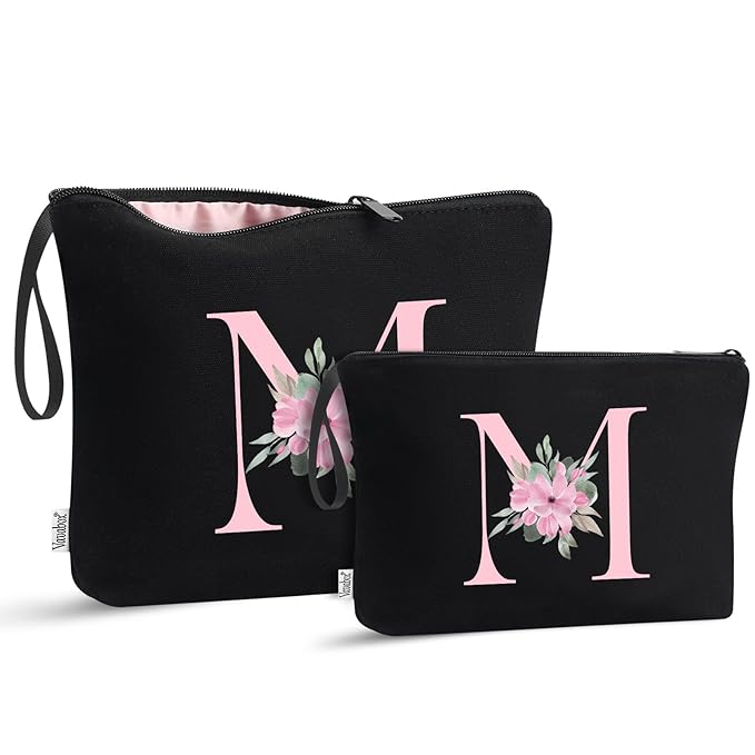 Vavabox A-Z Personalized Makeup Bag, Birthday Gifts for Women Mom, Gifts for Best Friend, Bride Bridesmaid Cosmetic bag (M, 04-Black Set)