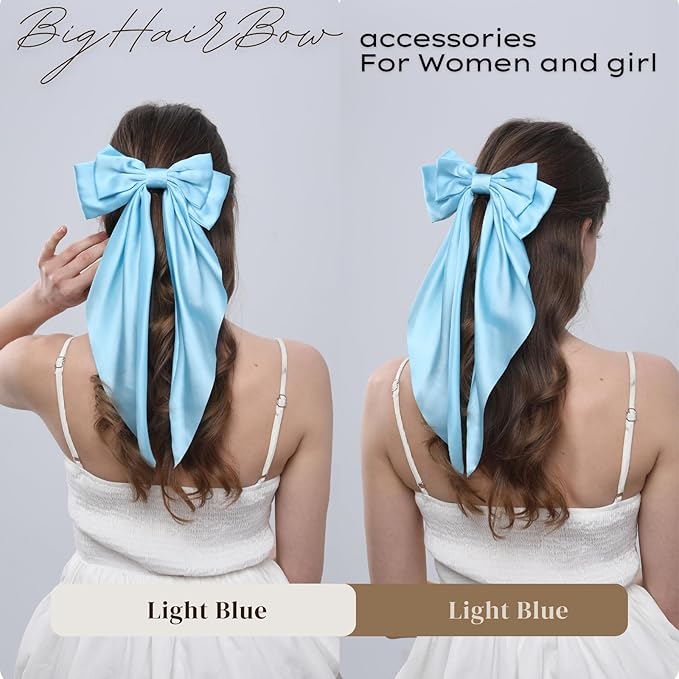 2PCS Big Hair Bow Clips for Women Girls – Light Blue Satin Ribbon Bow Barrettes with Long Tails, Large Pastel Hair Accessories for Ponytail, Spring & Casual Styling