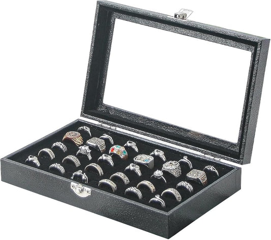 Ring Holder Organizer Box,Jewelry Ring Display Case, Earring Necklace Storage Tray With Top Glass Lid (Black, 30 Slots Ring)