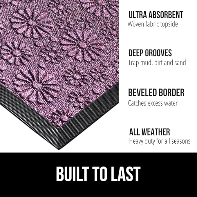 GORILLA GRIP 100% Waterproof All-Season WeatherMAX Doormat, Durable Natural Rubber, Stain and Fade Resistant, Low Profile, Indoor Outdoor Door Mats, Easy Clean Entry Mat, 17x29, Purple Confetti Daisy