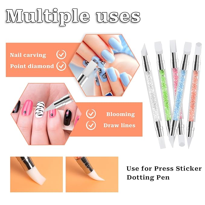 10PCS Nail Art Gel Carving Pen Acrylic Nail Dotting Pen Rhinestone Handle Double-Ended Silicone Nail Art Pen Brushes for Design Nail Foil Carving Drawing and 3D Effect Shaping Drawing Dotting Tools