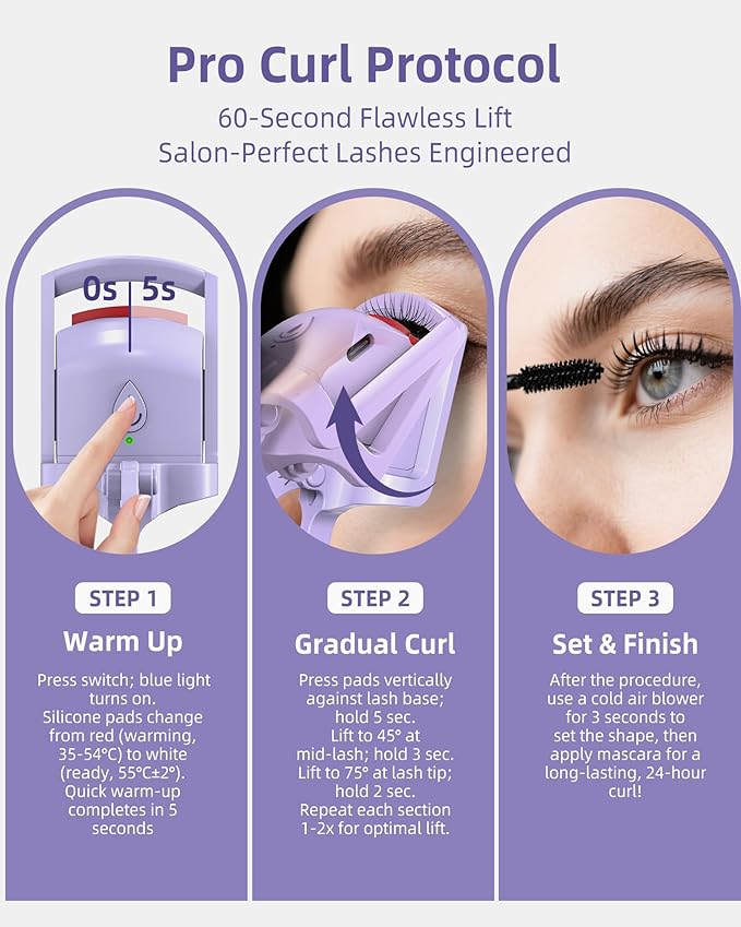 Heated Eyelash Curler, 5s Fast Heating Electric Eyelash Curler, Safe Anti-Burn Eyelash Curlers with Silicone Pad, Type-C Quick Charge, Intelligent Temp Control, 24H Long-Lasting Curls (Purple)
