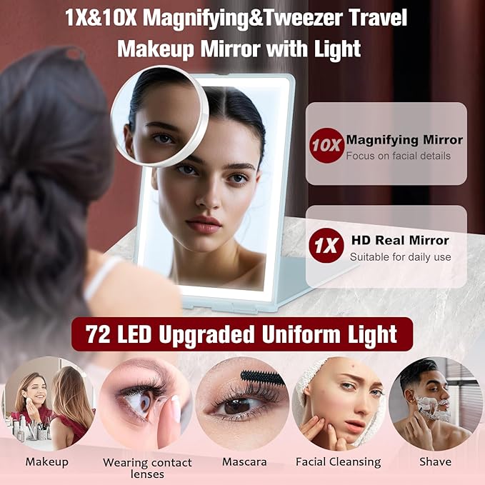 Travel Makeup Mirror with Lights Valentines Day Gifts for Her, Girlfriend, Wife, Birthday Gifts Rechargeable Portable Folding Compact LED Mirror Set with Tweezer 3 Color Light Modes-Cyan