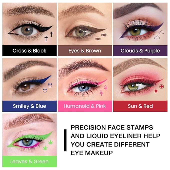 evpct 7Pcs Colored Eye Liners Face Stamp Cosplay Gothic Makeup Set Kit Accessories, Black Brown Purple Blue Red Pink Green Stamps Eyeliner, Star Flowers Heart Moon Triangle Lightning Butterfly Stamp