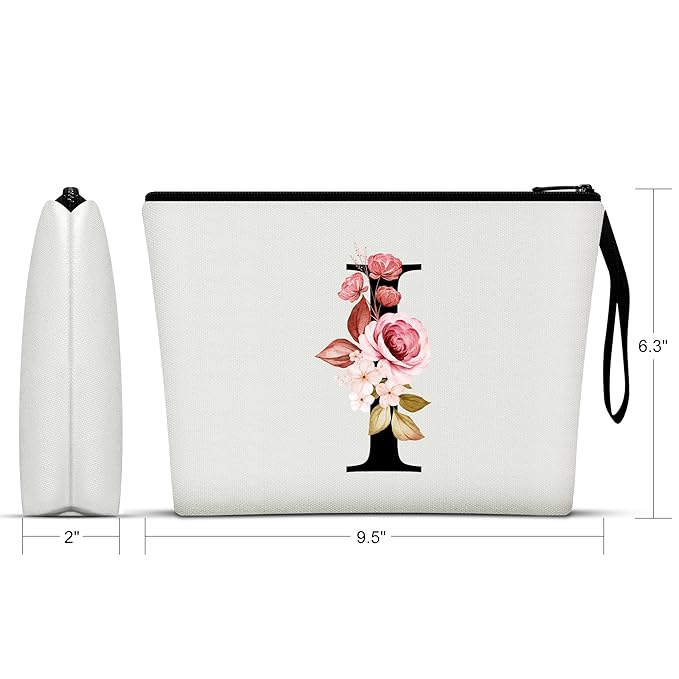 Vavabox A-Z Personalized Makeup Bag, Birthday Gifts for Women Mom, Gifts for Best Friend, Bride Bridesmaid Cosmetic bag (I, White)