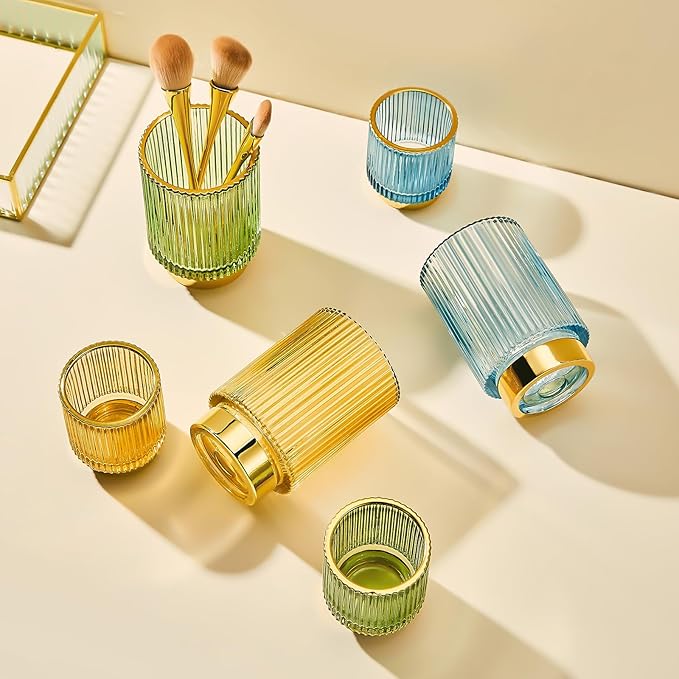 Makeup Brush Holder Organizer,Toothbrush Holders,Desk Pen Pencil Holder,Multifunctional Vintage Glass Brush Cup（S+L/Blue/A3-3-US）