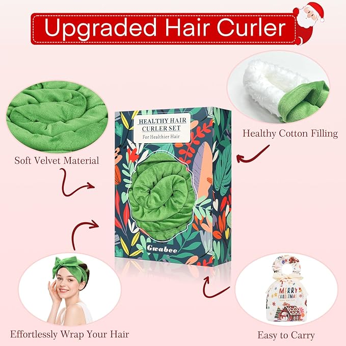 10 PCS Christmas Heatless Curls Overnight Hair Curler, 70" Overnight Curls Hair Curlers to Sleep In with Bonnet for Women Long Hair Volume, Heatless Curling DIY Set - Green