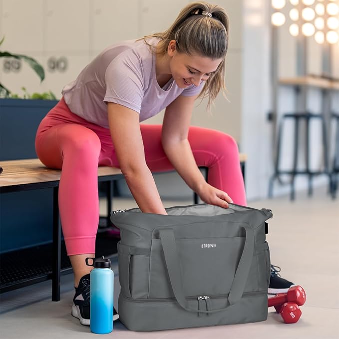 ETRONIK Gym Bag for Women, Personal Item Travel Bag with Shoes Compartment, Weekender Overnight Duffel Bag with Wet Pocket & USB Charging Port, Carry On Bag for Women, Travel, Gym, Weekend