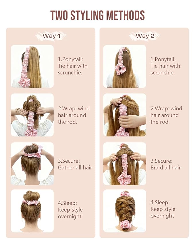 BONNET QUEEN Multi-function Satin Heatless Hair Curler & Hair Tie Non-Heating Hair Roller Curling Rod with Scrunchie, Large, Cream Pink(For Big Curls)