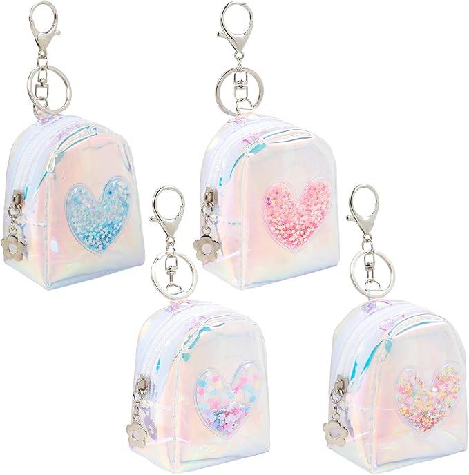 4Pcs Mini Backpack Keychain,Cute Cosmetic Bag for Women,TPU Clear Makeup Bag Key Pocket Lipstick Bag Card Holder Data Cable Organizer Zipper Pouch (Heart Shape)