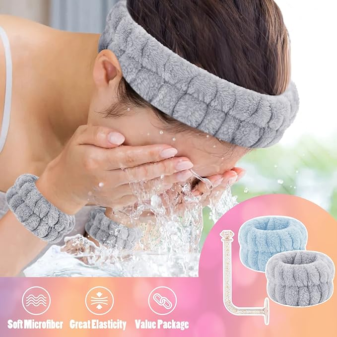 Face Wash Headband and Wristband Set of 2, Wrist Towels with Holder Microfiber Wristbands for Washing Face Absorbent Spa Wristbands Wrist Scrunchies