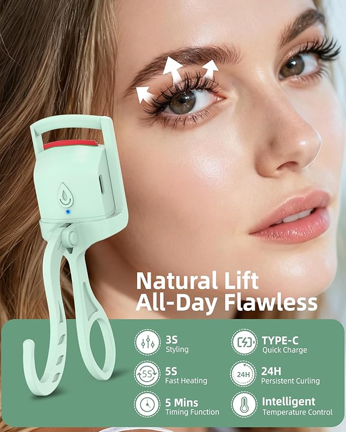 Heated Eyelash Curler, 5s Fast Heating Electric Eyelash Curler, Safe Anti-Burn Eyelash Curlers with Silicone Pad, Type-C Quick Charge, Intelligent Temp Control, 24H Long-Lasting Curls (Green)