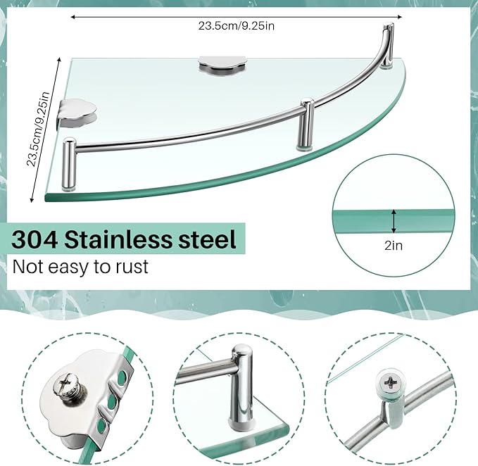 Crowye 4 Pcs Corner Shower Shelf 2-tier Glass Corner Shelf Stainless Steel Wall Mounted Bathroom Organizer for Storing Shower Gel Shampoo Brush, 9.25 Inches (Silver)