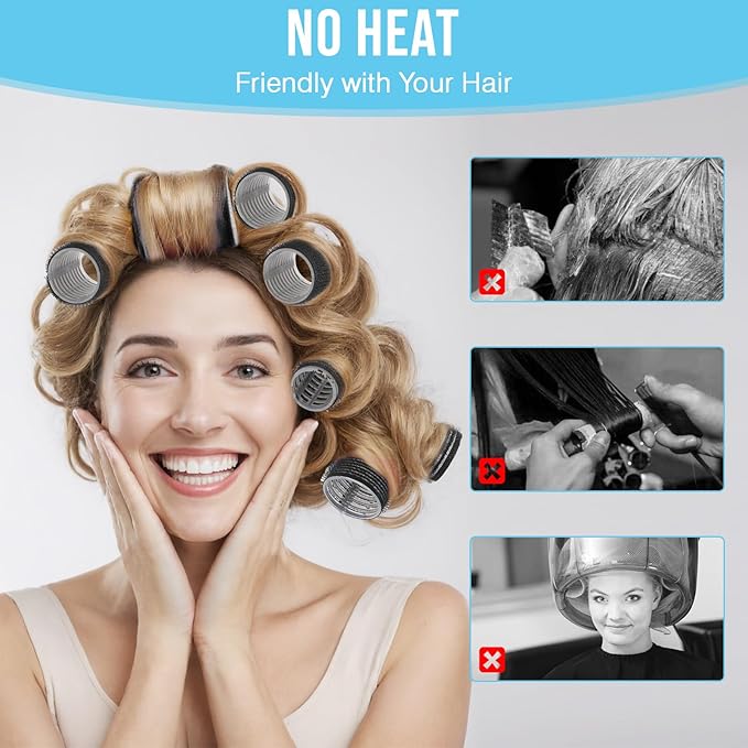 Heatless SelfGrip Hair Rollers Kit, 3 Sizes (0.79",1.18",1.57") for Short/Medium Hair | 36 Rollers +12 Clips +1 Comb | No Heat Curlers for Overnight Waves,Travel & Damage-Free Styling. (Black, Medium)