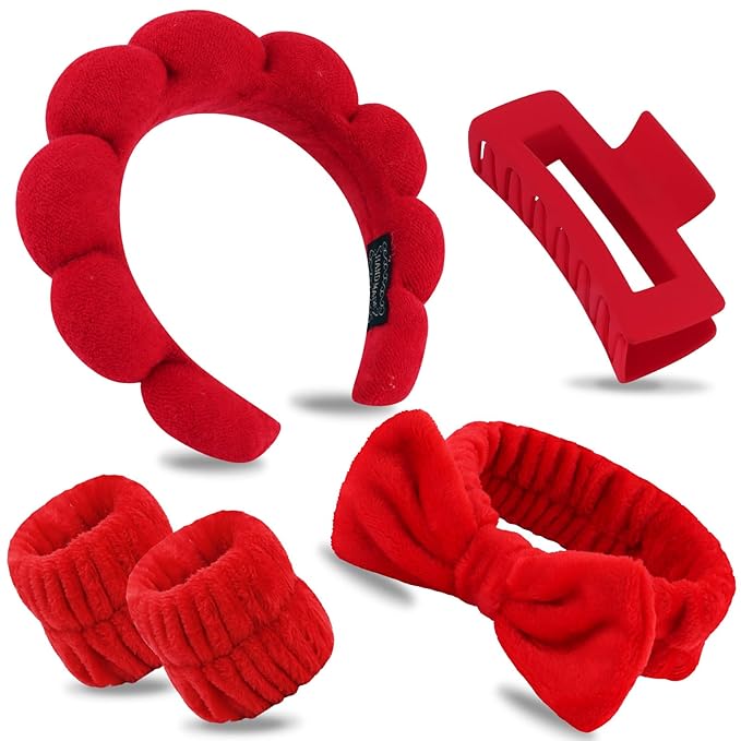 Canitor Spa Headband Wrist Bands Set with Hair Clips Skincare Skin Care Makeup for Washing Face Red Gifts for Women Preppy Tween Teen Girl Cute Trendy Stuff