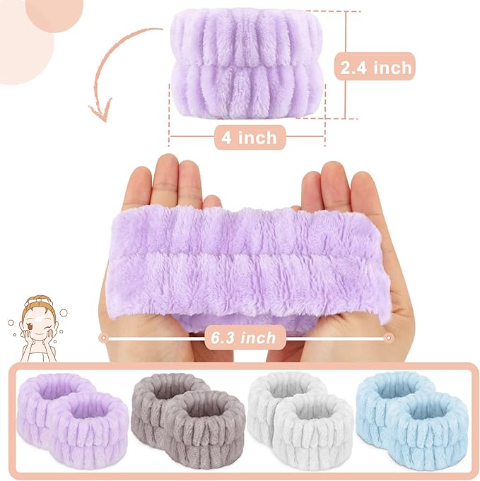 8 Pcs Absorbent Microfiber Women's Spa Wristbands for Face Washing - Prevent Water from Spilling Down Your Arms