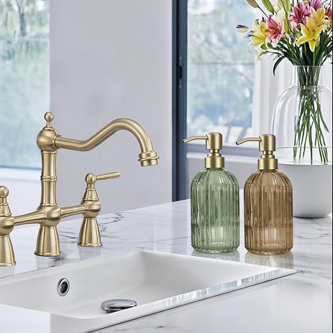 16 OZ Amber Glass Soap Dispenser, Amber Stripe Bathroom Hand Soap Dispensers with Stainless Steel Brushed Gold Pump,Brown Glass Kitchen Hand Soap Dispenser with Brushed Gold Pump