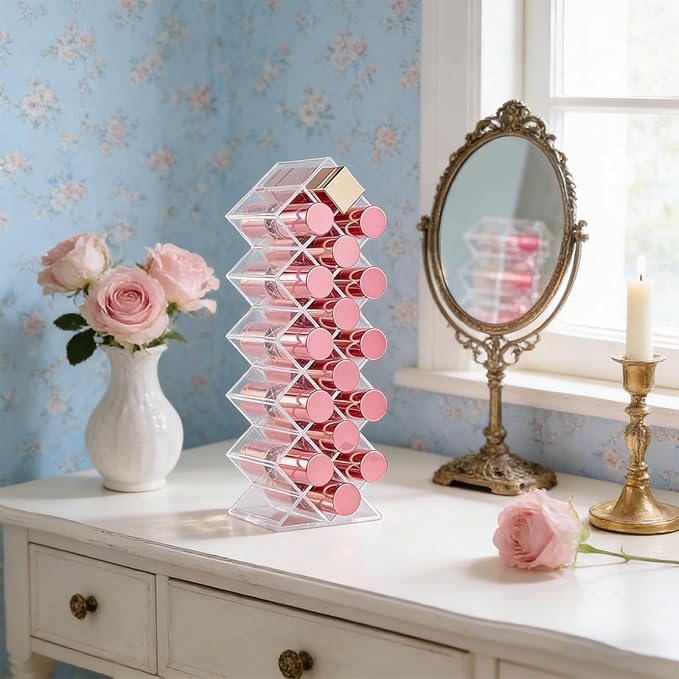 Rollerball Perfume Organizer,16Slots Roller Bottles Holder,Clear Acrylic Perfume Storage Holder Beauty Scent Holder,Stackable Makeup Lipgloss Lipstick Display Case Lip Gloss Storage Stand(1 Pack)