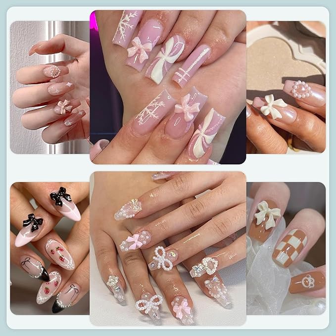 600 Pcs 3D Nail Charms and Flatback Pearls Set 5, 8 Colors Nail Bows Charm + Pink&White Star Heart Moon Cute Nail Jewels + 2-4mm White Nail Pearls for Nail Art DIY Decoration with Pickup Tools