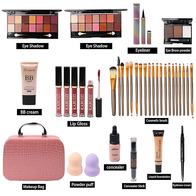 All in One Makeup Kit for Makeup storage bag 2X14 Colors Eyeshadow Palette Liquid Foundation Eyeliner Pencils Contouring Stick 20Pcs Make up Brushes For Women Girls Teens (Pink)