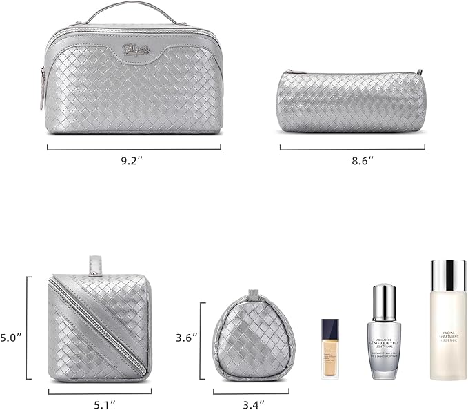 BOYATU Travel Makeup Bag Cosmetic Bags for Women: Large Capacity 3 Pcs Set Make up Bag with Compartments - Waterproof Vegan Leather Toiletry Organizer Bags with Handle (L34 Silver)