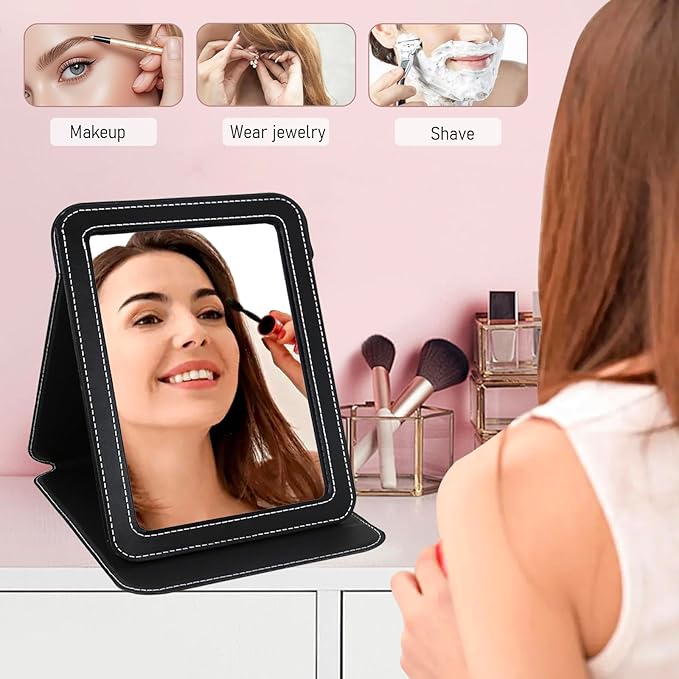 Travel Folding Portable Mirror, Makeup Mirror PU Portable Adjustable Rectangular Ultrathin Vanity Mirror with Stand, for Travel, Camping, Home, Gifts (Statue of Liberty Design)