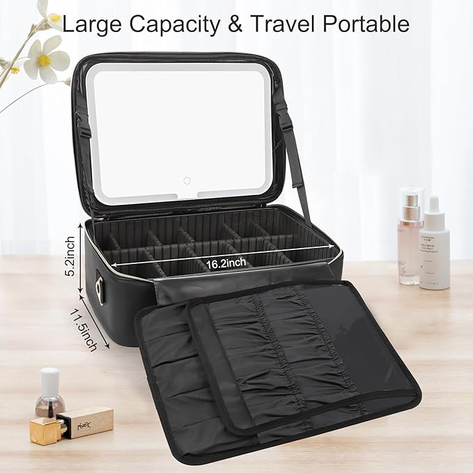 Relavel Makeup Bag with LED Mirror, 16.2 inches Large Professional Makeup Case for Makeup Artists, Travel Portable Cosmetic Organizer Storage Box for Women, Vanity Case with 3 Colors Lighted Mirror