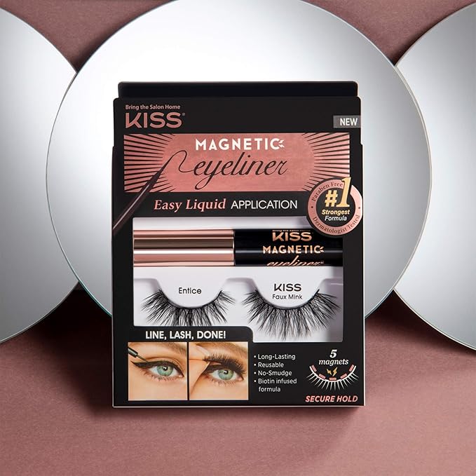KISS Magnetic False Eyelashes and Eyeliner, ‘Entice’, 12mm, Easy to Apply, Reusable, No Glue, Flexiband Technology, Precision Felt Tip, Fortified Formula, 1 Pair Strip Lashes (Pack of 2)
