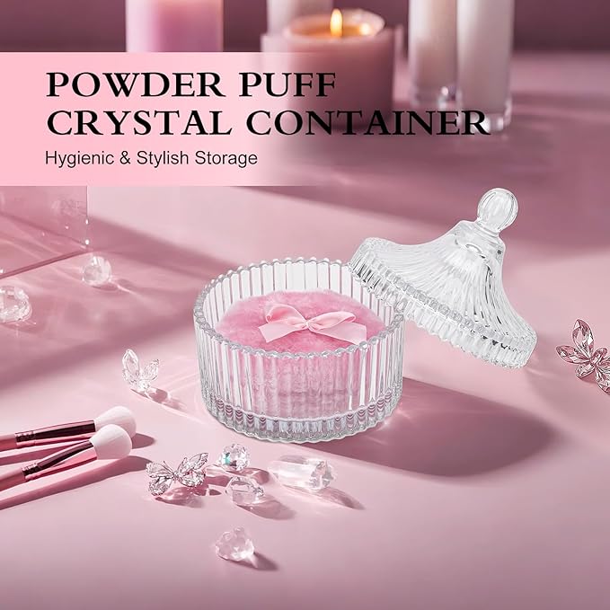 2 Pieces Large Body Powder Puff and Container - Dusting Powder Container with Puff, Crystal Case, Body Powder Puff for Women Soft Washable Reusable Velour Glitter Wet Dry Makeup