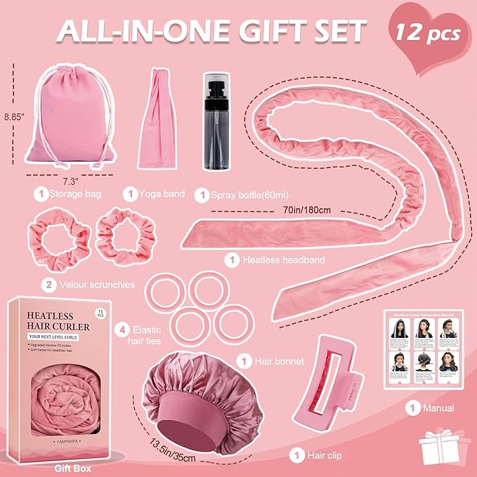 Heatless Curls Overnight Headband, 70'' No Heat Hair Curlers with Hair Bonnet for Sleeping, Light Pink