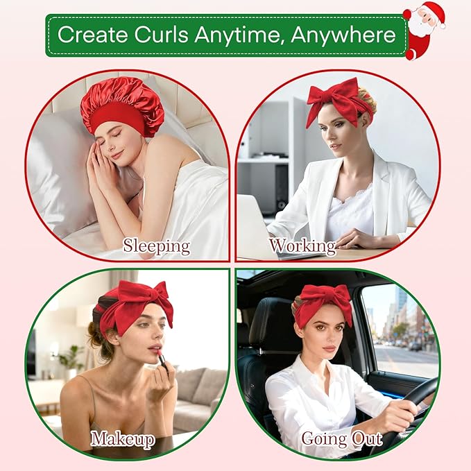 10 PCS Christmas Heatless Curls Overnight Hair Curler, 70" Overnight Curls Hair Curlers to Sleep In with Bonnet for Women Long Hair Volume, Heatless Curling DIY Set - Red