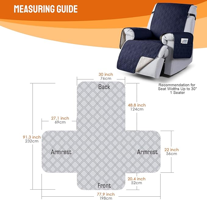 VANSOFY 100% Waterproof Recliner Chair Covers, Recliner Cover Non-Slip Dog Chair Cover Furniture Protector Washable Slipcover with Pocket, Elastic Straps for Pets, Dogs(Dark Blue, 30")