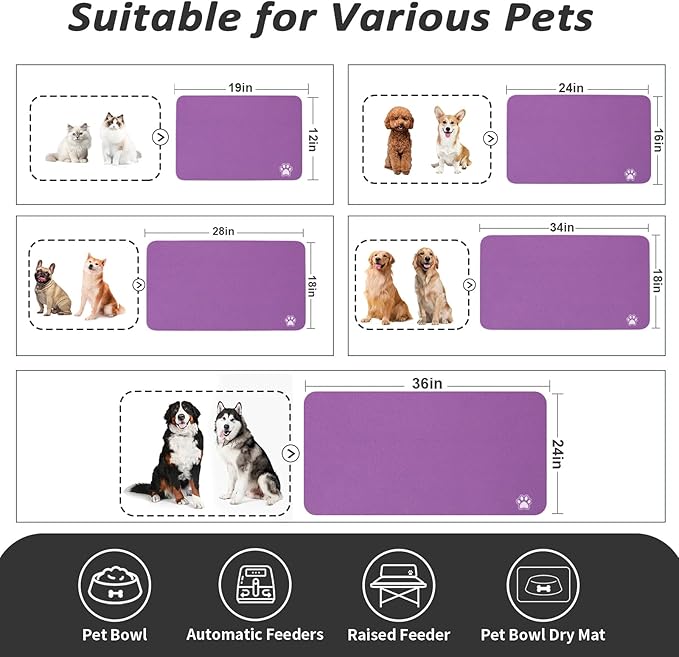 Dog Food Mat - Absorbent Cat Mat for Food and Water, No Stains Pet Feeding Bowl Mat, Easy to Clean Pet Placemats, Quick Dry Dog Water Dispenser Mat for Messy Drinkers | Paw Purple 16"x 24"