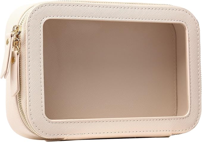 Clear Makeup Bag Small Cosmetic & Toiletry Bag Waterproof Travel Case Women's Pouch Organizer Makeup Bag for Car with Zipper Women (Beige, Small-1)