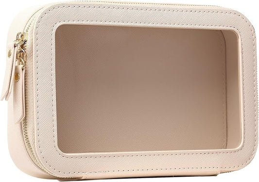 Clear Makeup Bag Small Cosmetic & Toiletry Bag Waterproof Travel Case Women's Pouch Organizer Makeup Bag for Car with Zipper Women (Beige, Small-1)