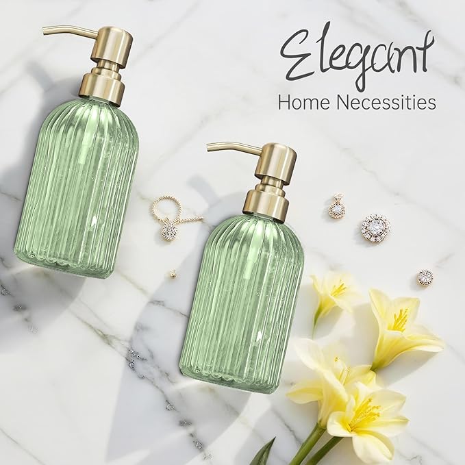 16Oz Green Glass Soap Dispenser with Rust Proof Stainless Steel Pump, Green Stripe Bathroom Hand Dish Lotion Dispensers with Brushed Gold Pump,Brushed Gold Glass Soap Dispenser