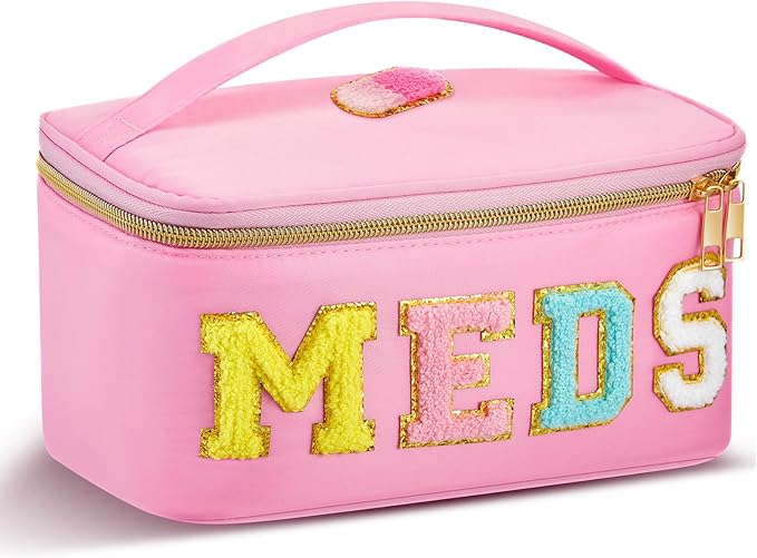 Geetery Clear Makeup Bag Chenille Letter Meds Bag Travel Cases Preppy Patch with Zipper, Portable Cosmetic Toiletry Storage case for Women(Meds,Pink)