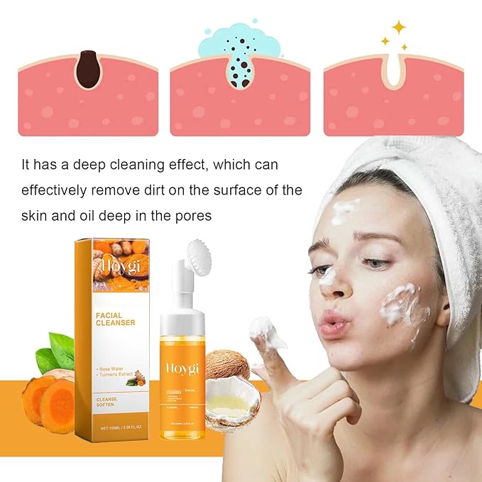 HOYGI Turmeric Face Wash with Brush, Turmeric Foaming Facial Cleanser for All Skin, 3.38 Fl Oz/pcs