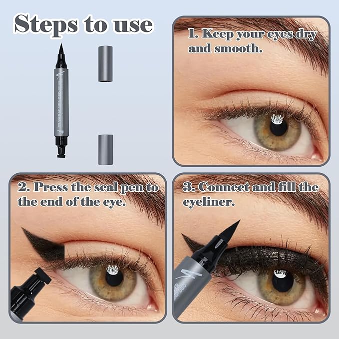 Winged Eyeliner Stamp & Liquid Pen Duo – Waterproof, Smudge-Proof, Dual-Ended Cat Eye Stamp for Perfect Wings – Long-Lasting Black Eyeliner for Beginners & Makeup Lovers