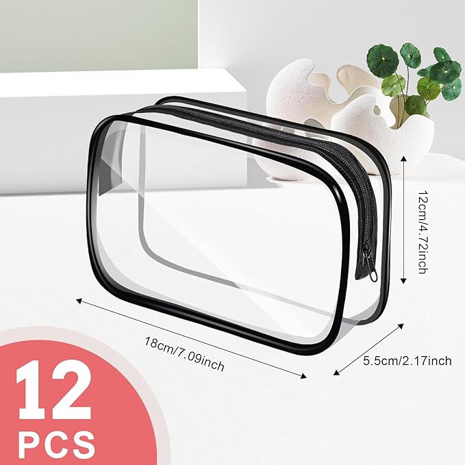 12 PCS Clear Makeup Bags, Clear Toiletry Bags with Zipper, Portable Transparent Toiletry Bags for Travel (Black, Medium)
