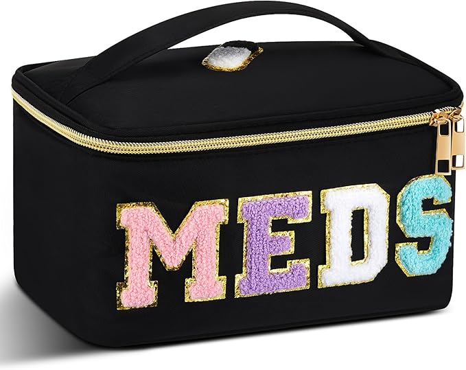 Geetery Clear Makeup Bag Chenille Letter Meds Bag Travel Cases Preppy Patch with Zipper, Portable Cosmetic Toiletry Storage case for Women(Meds,Black)