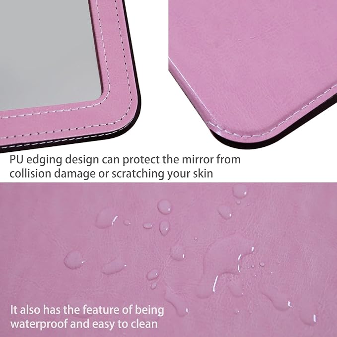 Travel Mirror for Desk, 6.5×8.9” Adjustable Rectangle PU Edge Covering Pink Foldable Desk Mirror with Stand for Travel Camping Home (Pink)