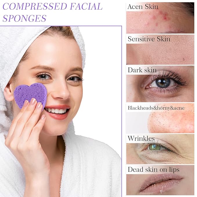 Sieral 120 Pcs Compressed Facial Sponges with Container Disposable Face Sponge Pads for Washing Face Cleansing Exfoliating Esthetician Makeup Removal(Heart,Purple)
