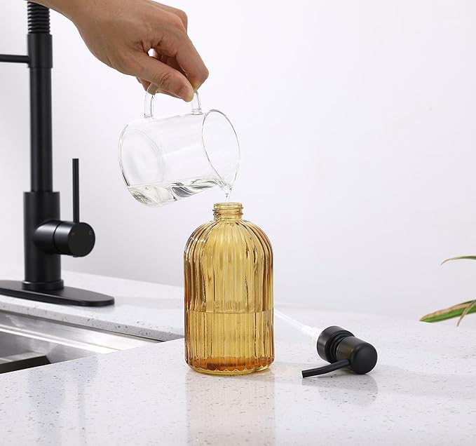 16 OZ Amber Glass Soap Dispenser, Amber Stripe Bathroom Hand Soap Dispensers with Stainless Steel Matte Black Pump,Brown Glass Kitchen Hand Soap Dispenser with Matte Black Pump,2 Packs
