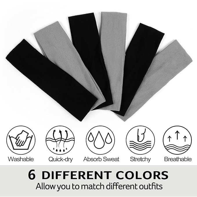 Headbands for Women Non Slip - Fashion Yoga Sports Hair Bands for Women's Hair, Soft Elastic Cotton Cloth Sweat Headbands for Women for Workout Running Daily Black Gray 6PCS