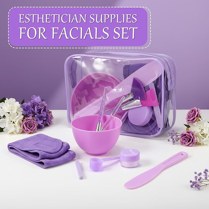 LemonRoad 34 Pcs Esthetician Facial Supplies Include Facial Bowls Brushes Jars Measuring Spoons Hairbands Esthetician Essentials Valentines Gift Set For Women(Purple)